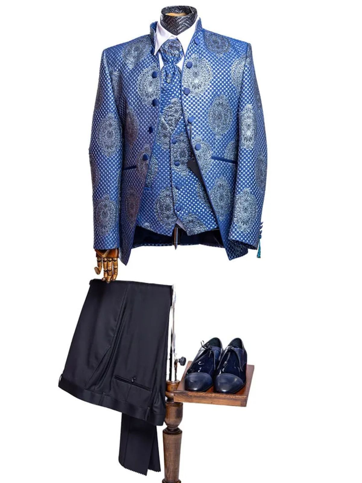 JB Quesste Men’s 3pc Floral Blue Jodhpuri Suit Set