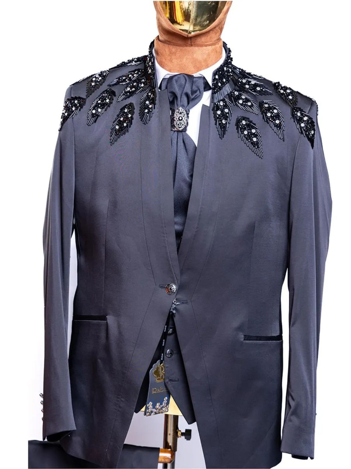 Rabin 3pcs Long Black Suit Set with Leafy Designs