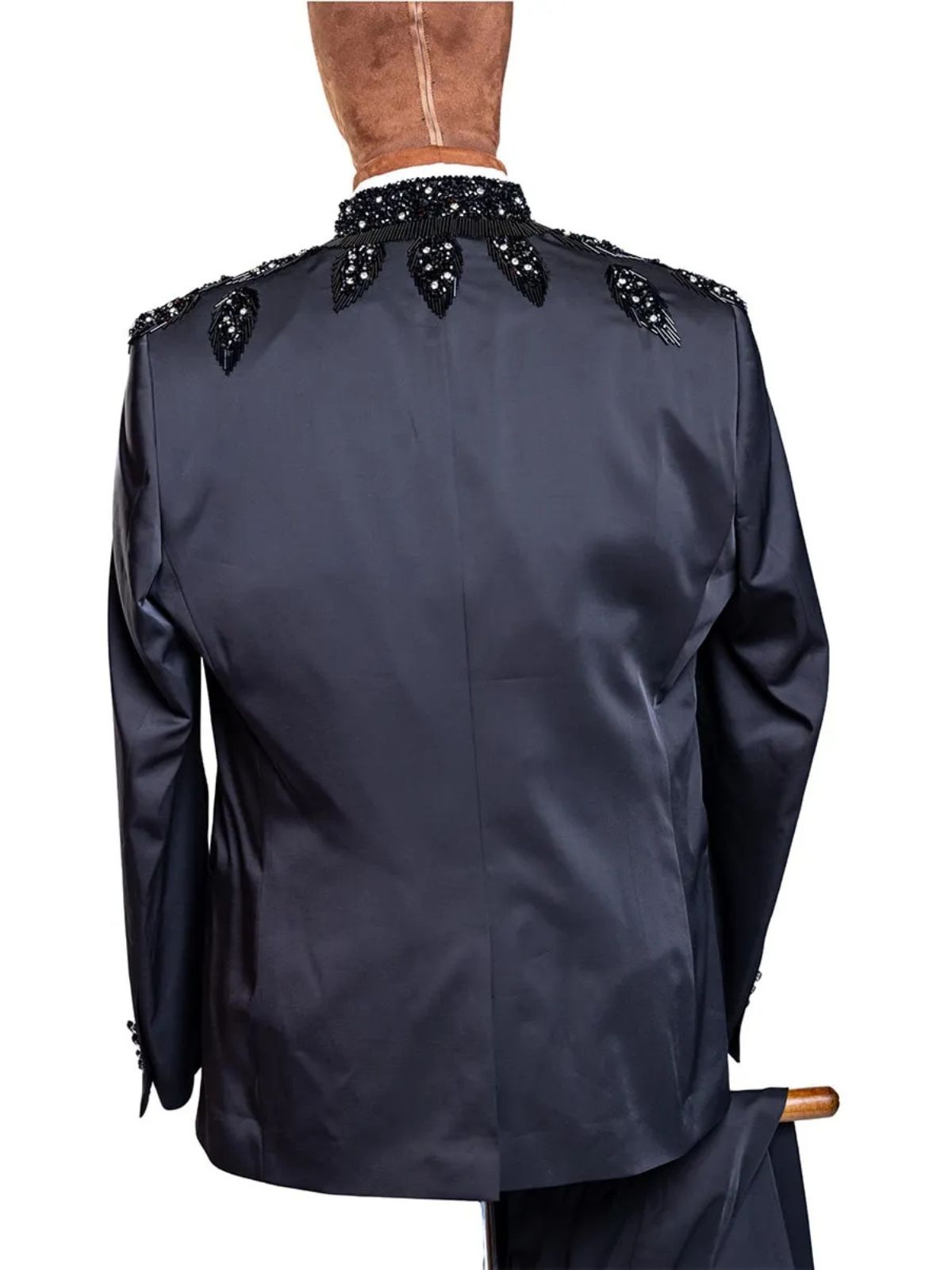 Rabin 3pcs Long Black Suit Set with Leafy Designs