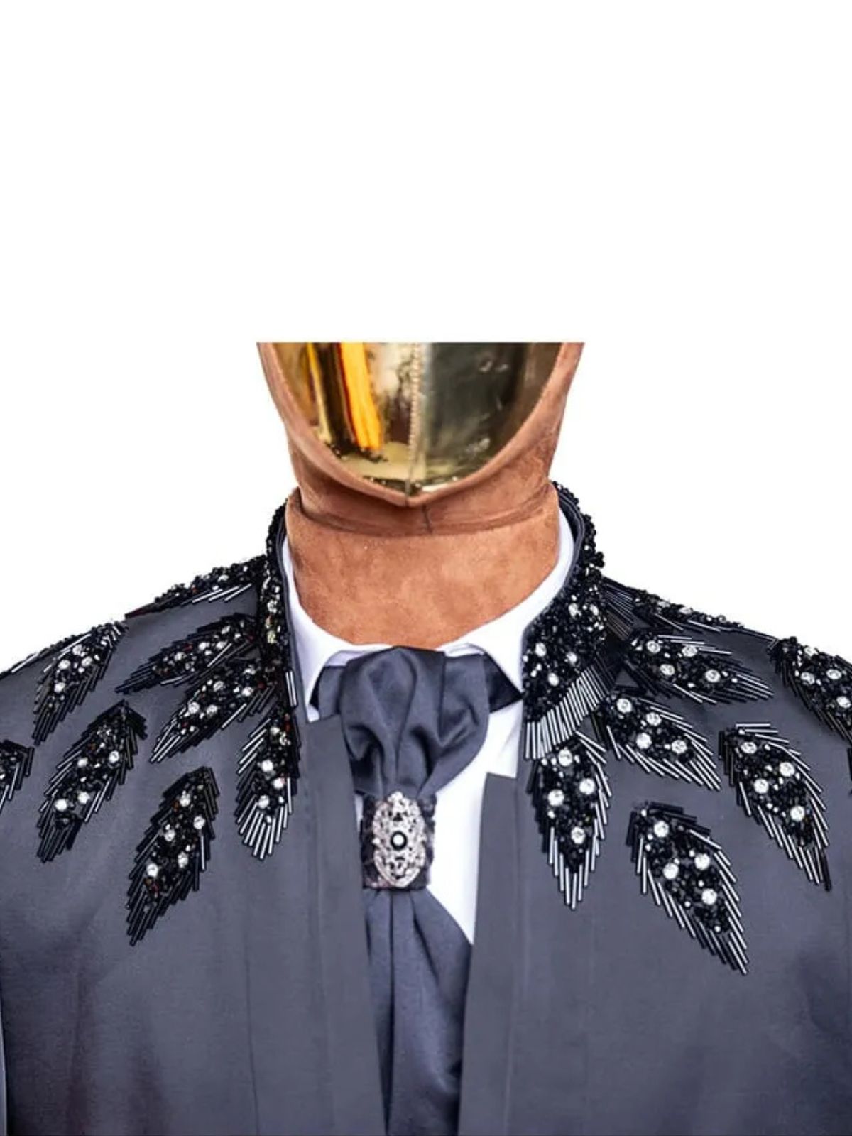 Rabin 3pcs Long Black Suit Set with Leafy Designs