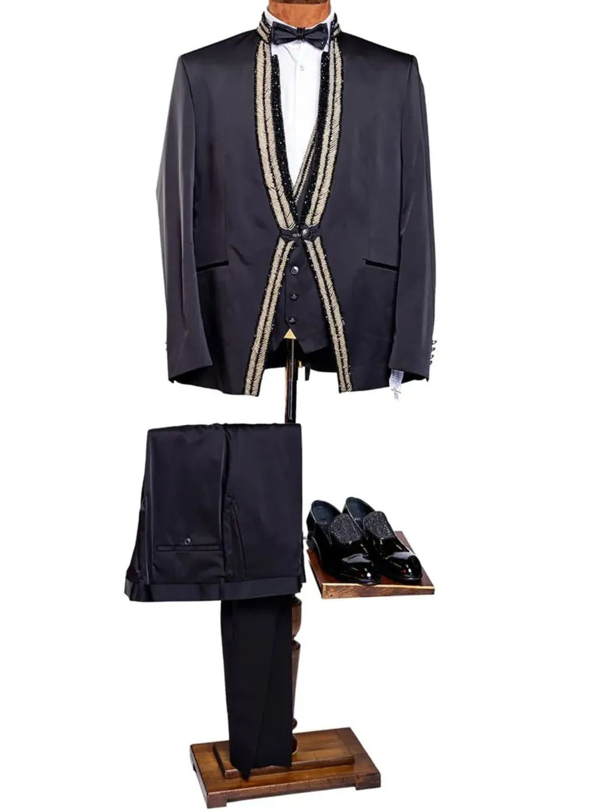 Rabin 3pcs Long Black Suit with Beads Designed Collar and Button line