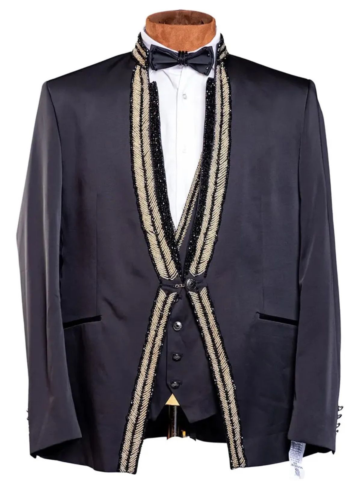 Rabin 3pcs Long Black Suit with Beads Designed Collar and Button line