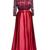 Satin Ball Gown Long Sleeve Dress with Sheer Lace and Belt