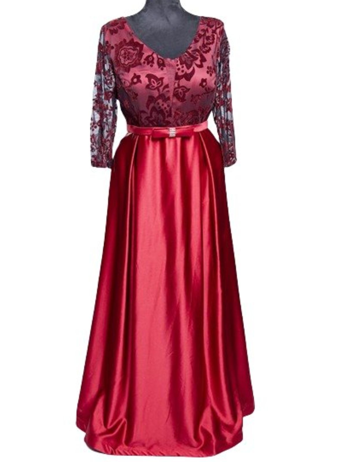 Satin Ball Gown Long Sleeve Dress with Sheer Lace and Belt