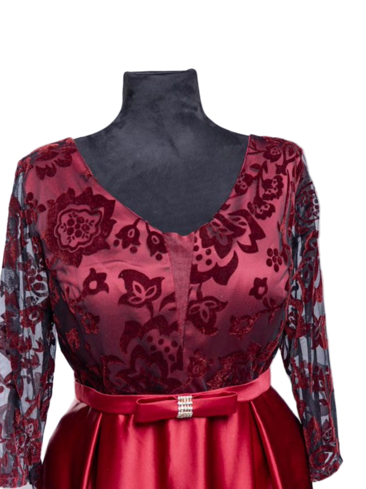 Satin Ball Gown Long Sleeve Dress with Sheer Lace and Belt