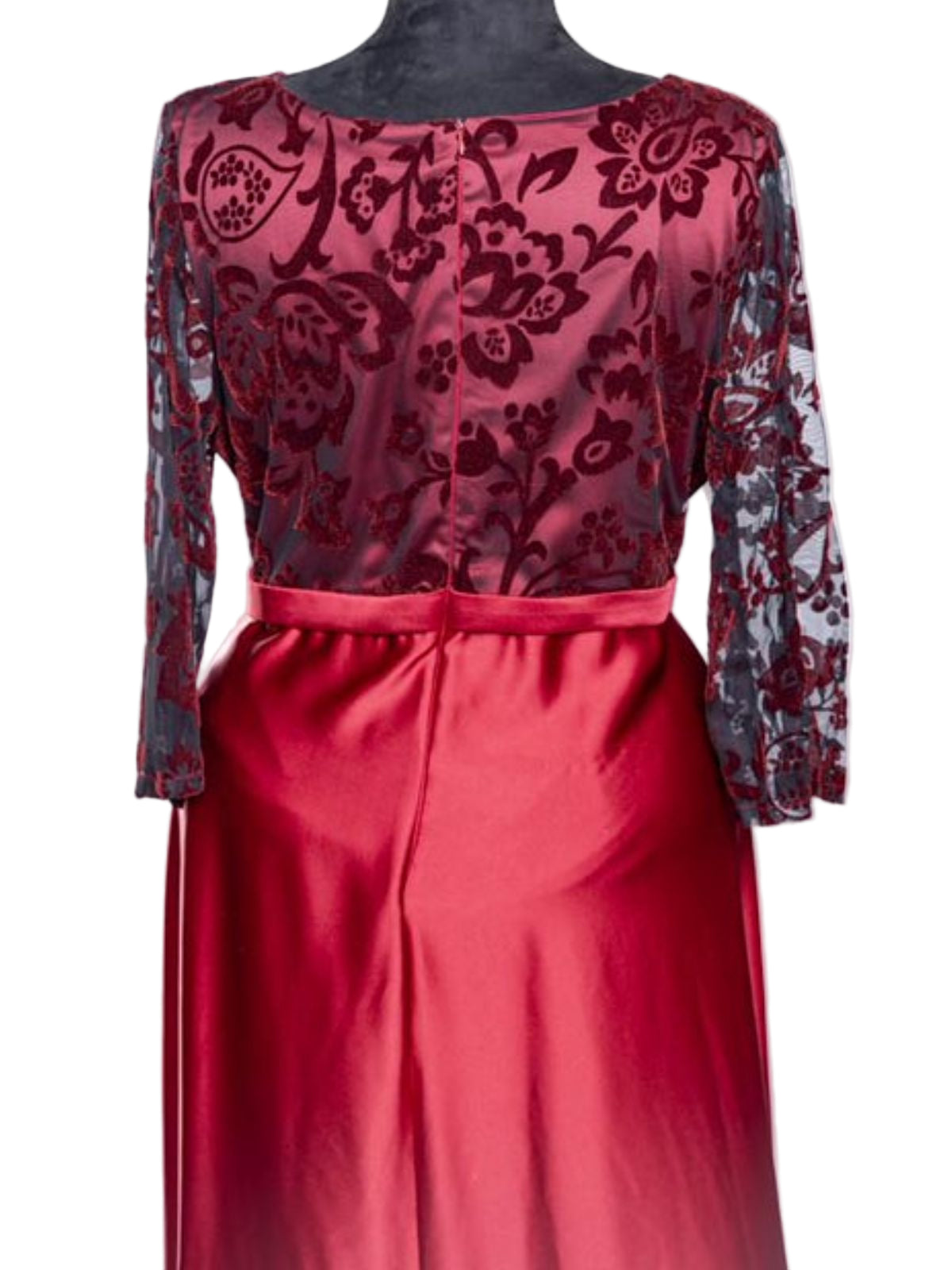 Satin Ball Gown Long Sleeve Dress with Sheer Lace and Belt