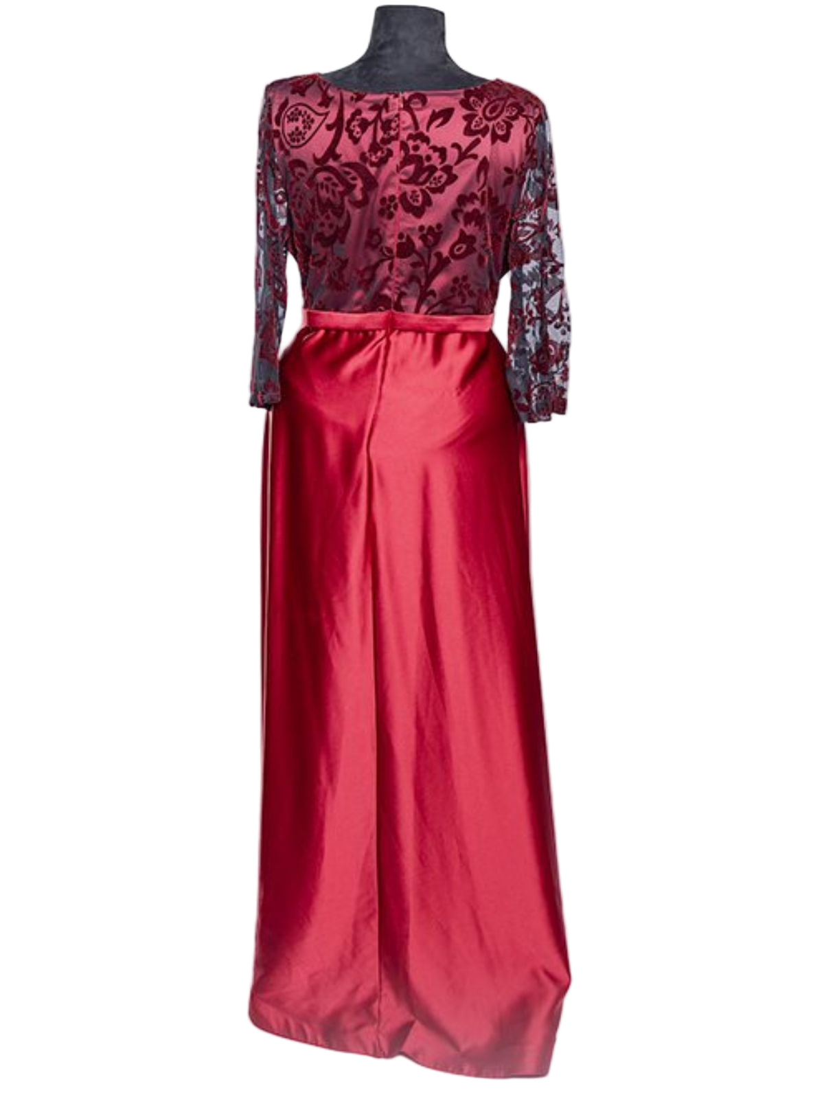 Satin Ball Gown Long Sleeve Dress with Sheer Lace and Belt