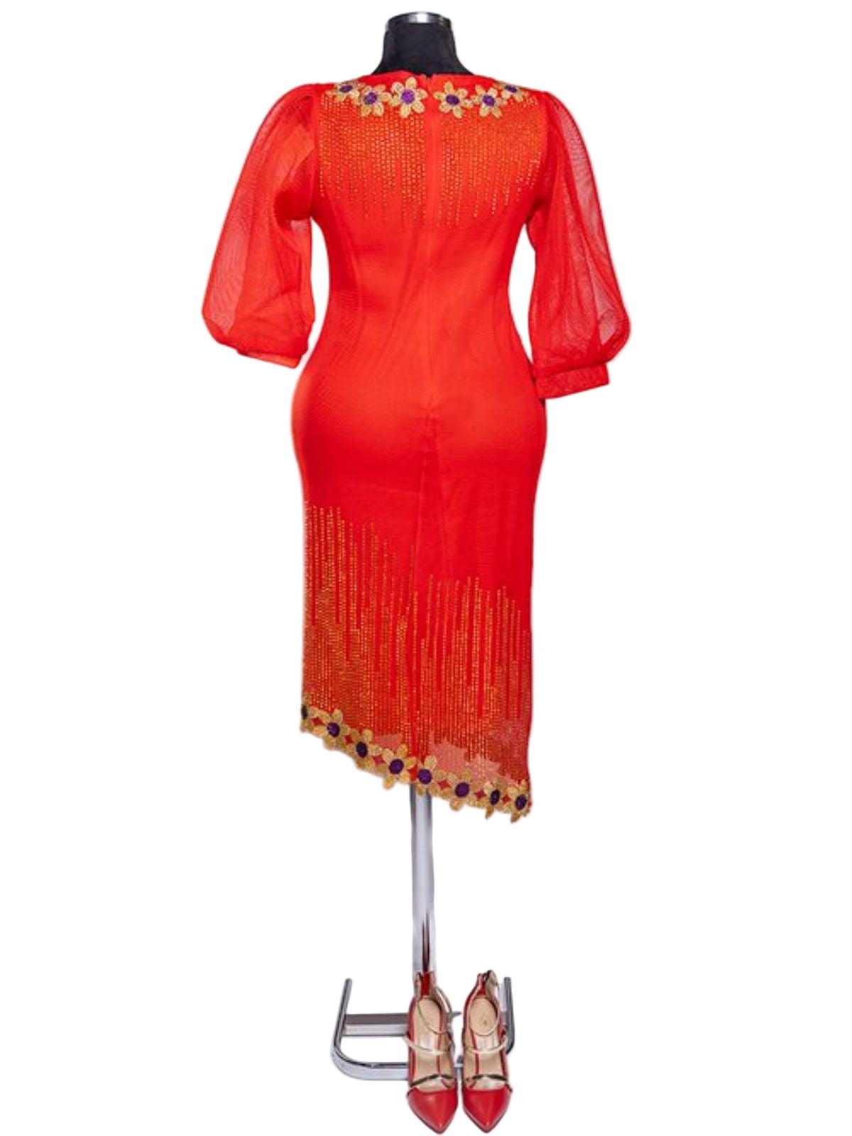 Scarlet Red Party Dress with Shiny Gold Sequence