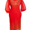 Scarlet Red Party Dress with Shiny Gold Sequence