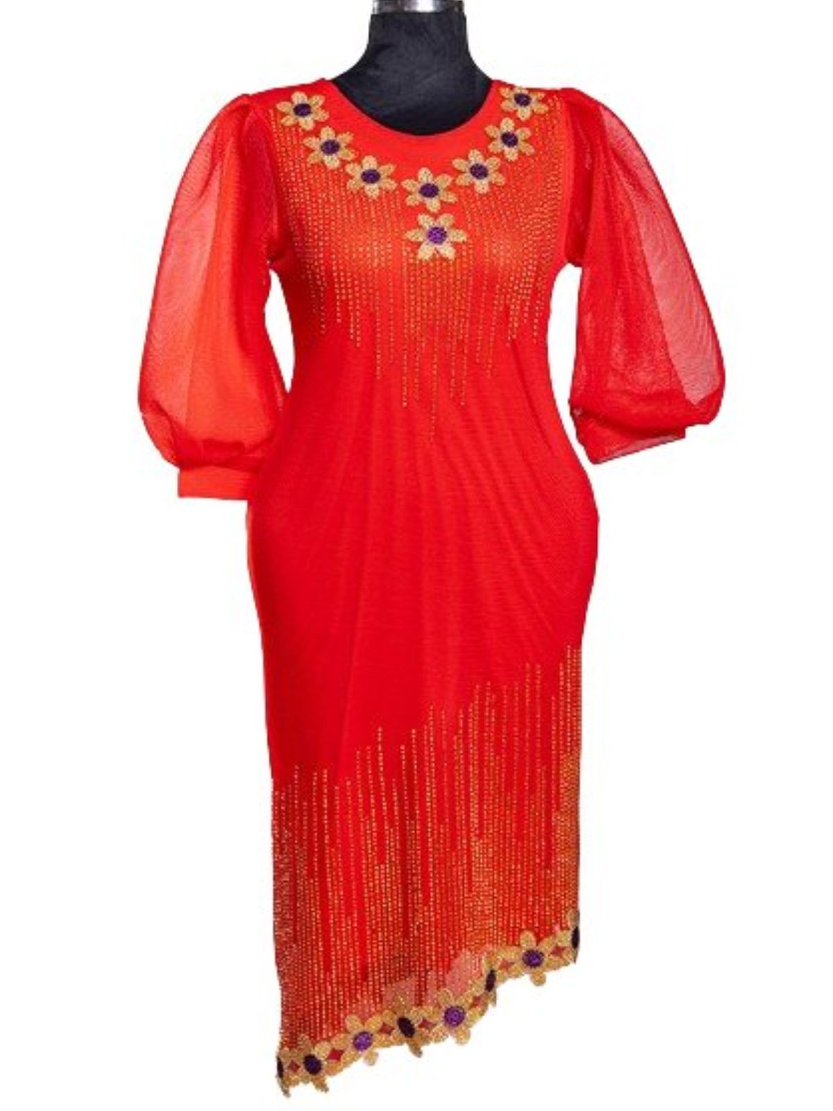 Scarlet Red Party Dress with Shiny Gold Sequence