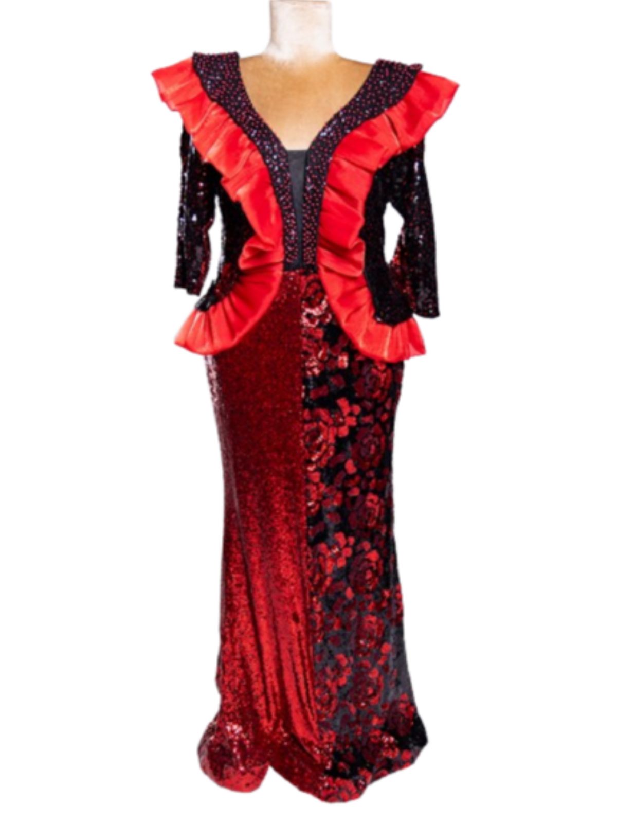 Sequin Floor Length Peplum Long Sleeve Dress