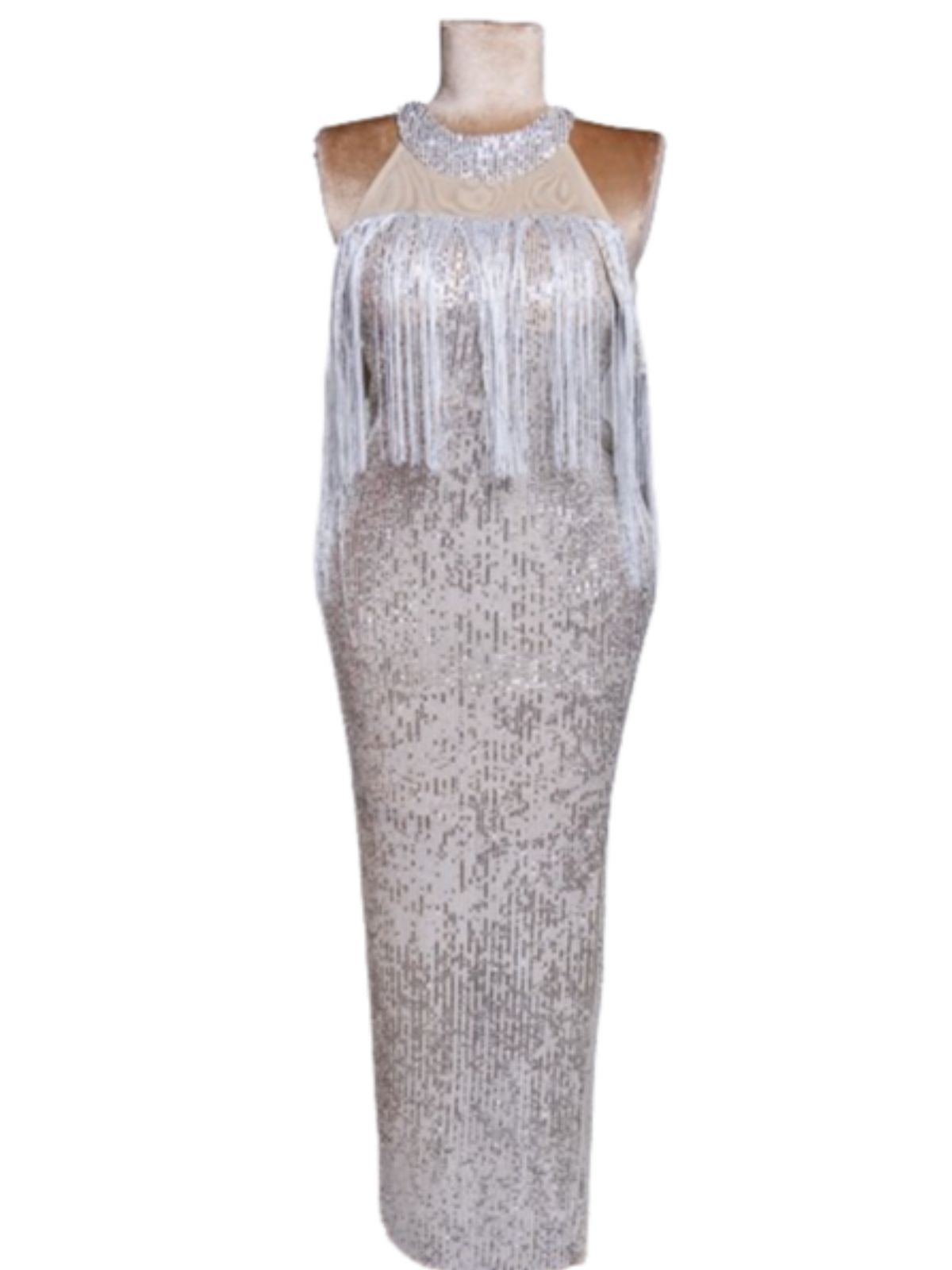 Sequin Fringes Party Prom Dress with Halter and Off Shoulder Sleeves