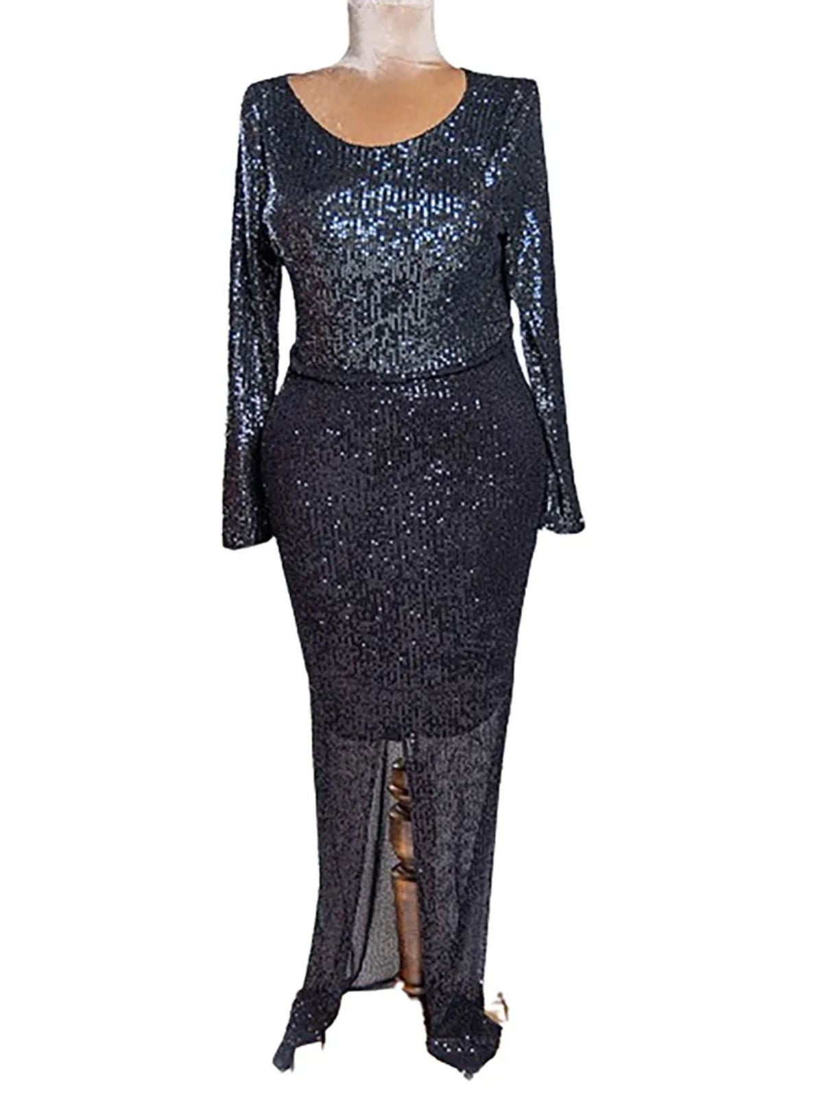 Sequin Front Slit Long Sleeve Party Dress