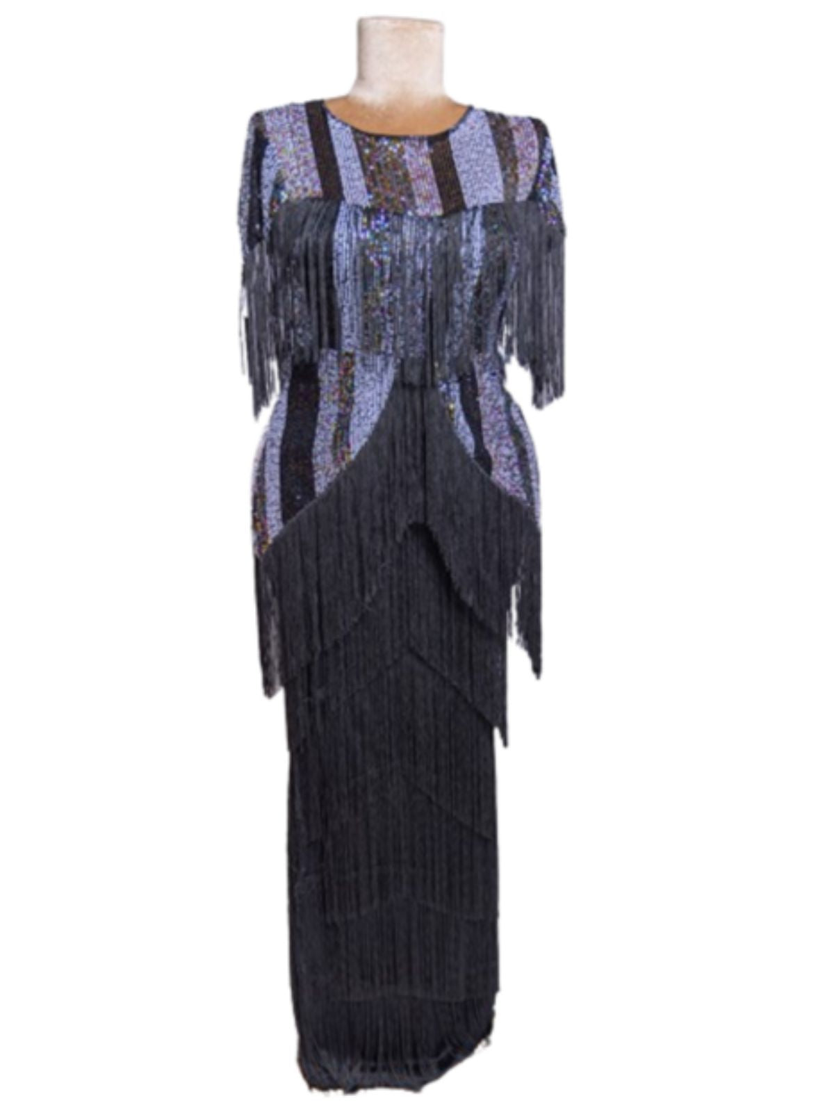 Sequin and Fringes Peplum Cap Sleeves Party Anniversary Dress