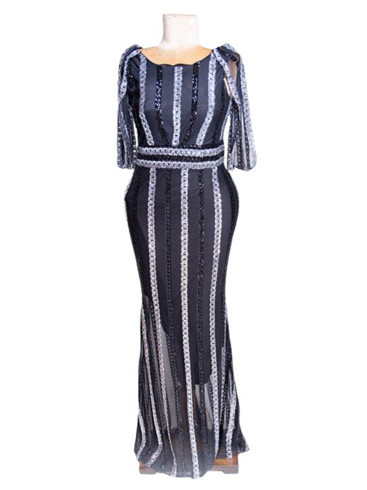 Sheer Lace and Sequin Floor Length Stretchy Fit Party Dress