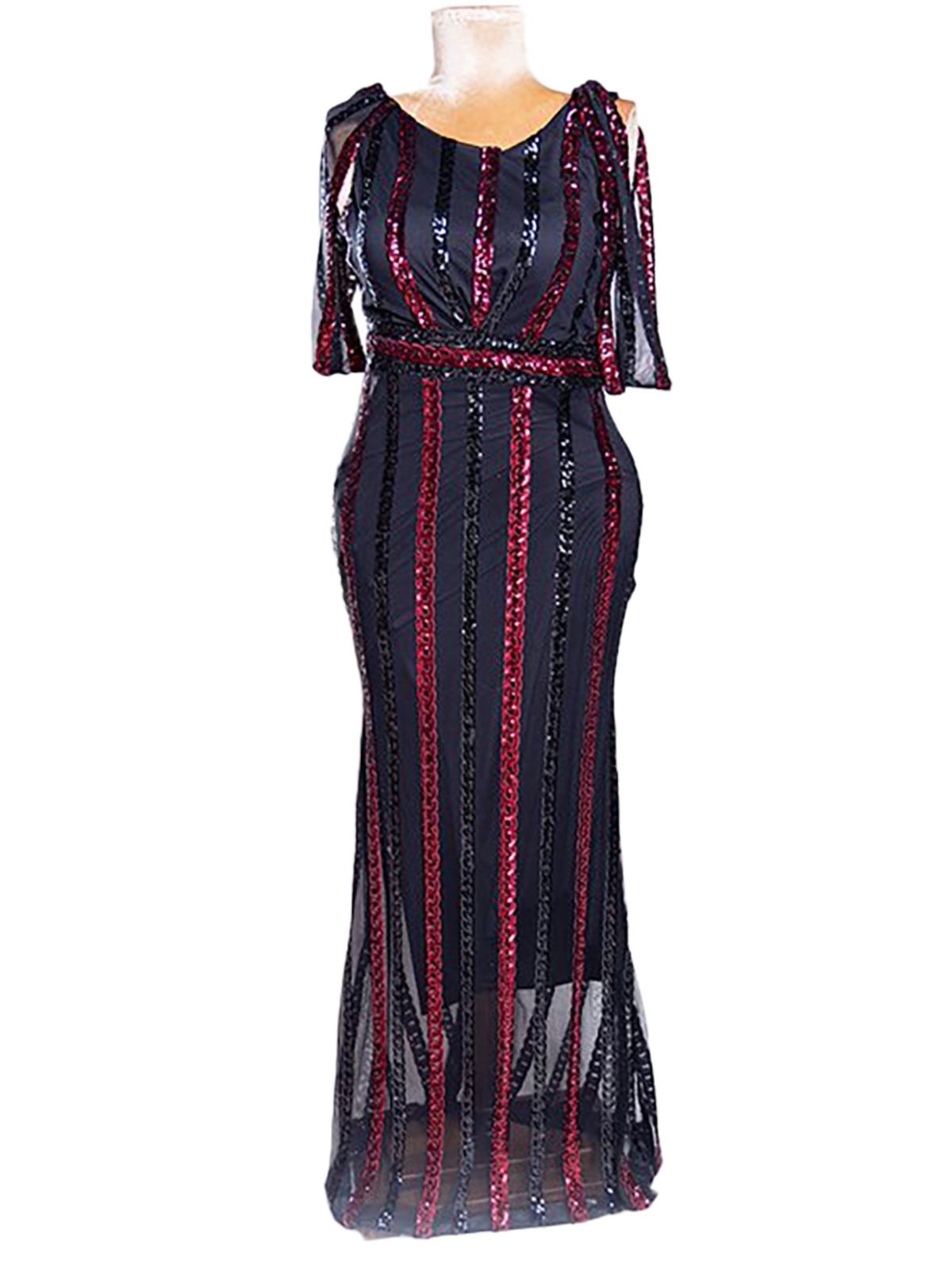 Sheer Lace and Sequin Floor Length Stretchy Fit Party Dress