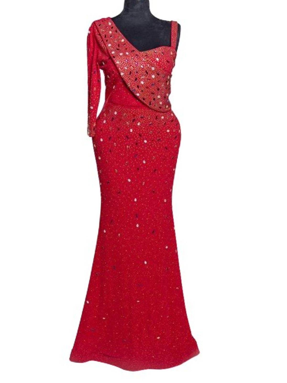 Stretchy Fit Stoned Dress with One Long Sleeve and Sleeveless