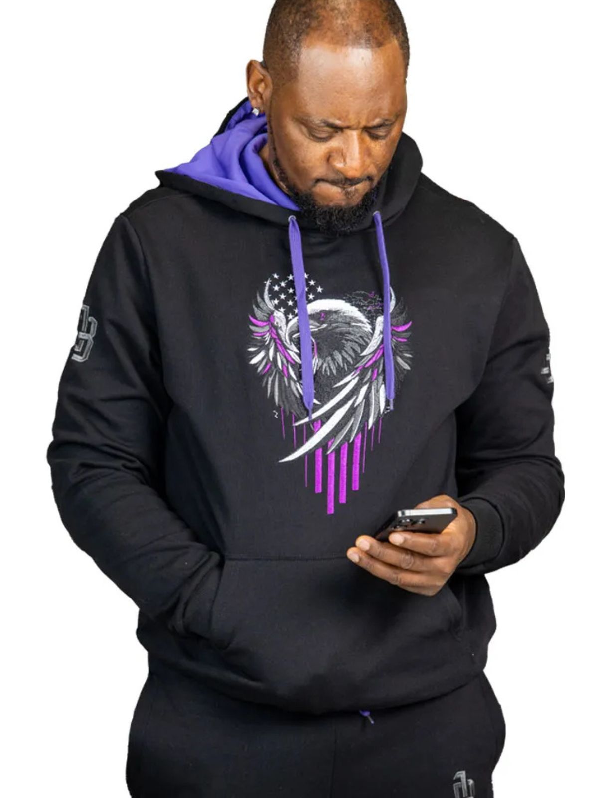 Stylish Unisex Black Cotton Tracksuit with Purple Eagle Graphic