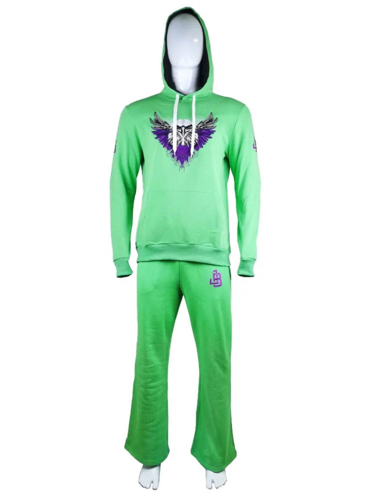 Stylish Unisex Lime Green Cotton Tracksuit with Purple Eagle Graphic