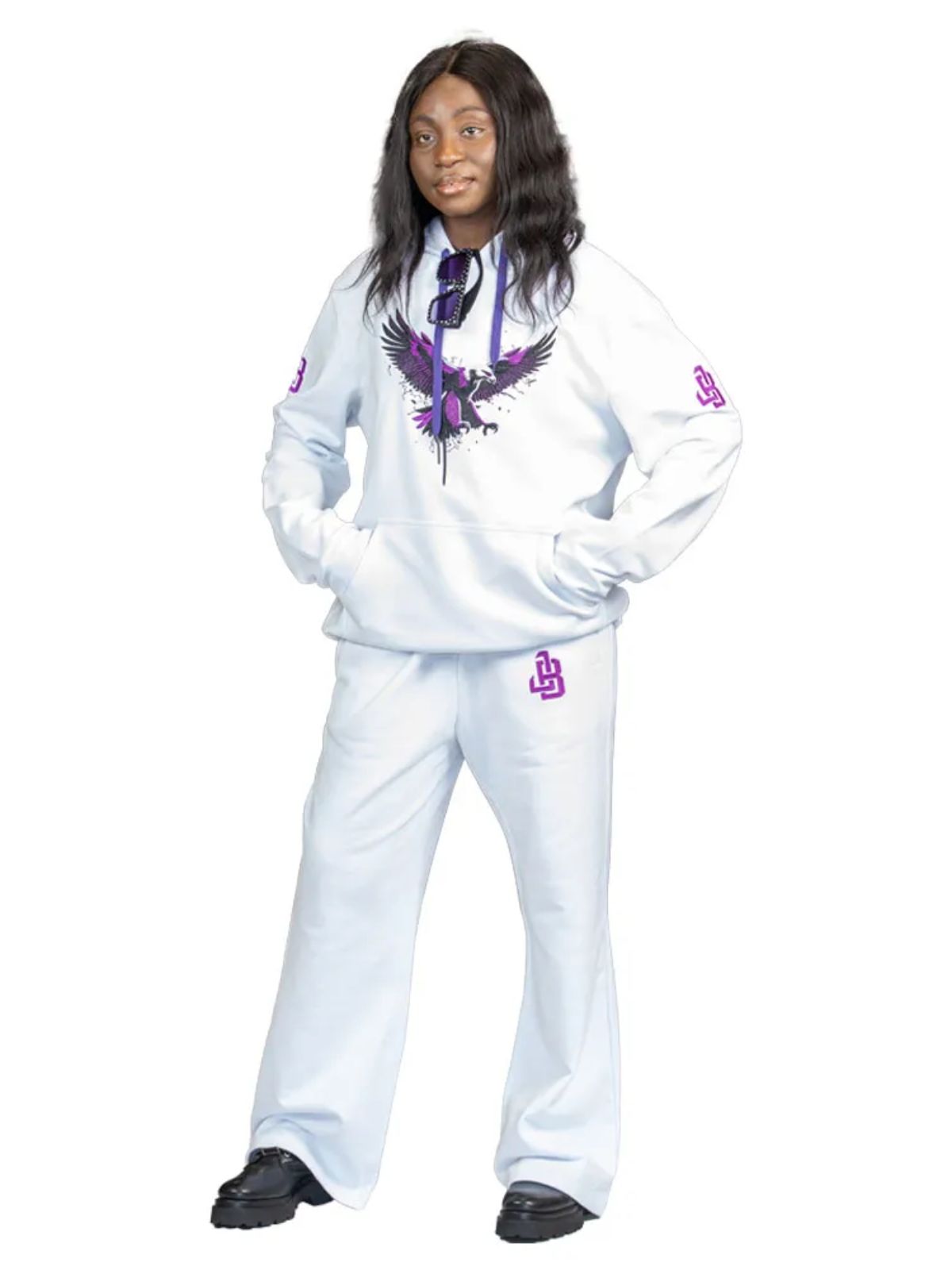 Stylish Unisex White Cotton Tracksuit with Purple Eagle Graphic