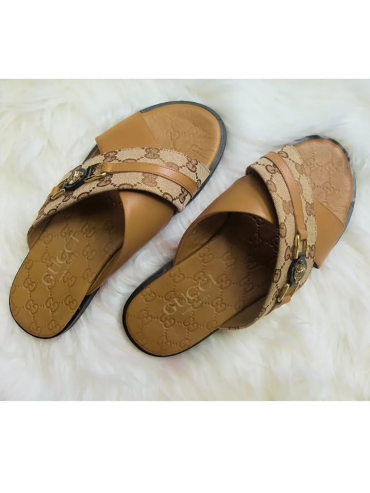 Textured Brown Leather Slippers