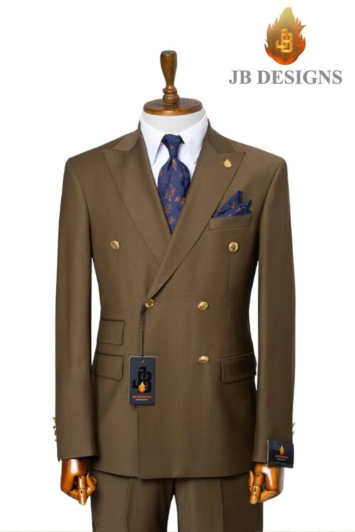 A JB 100% Wool Dark Brown Double Breasted Gold Buttons Suit