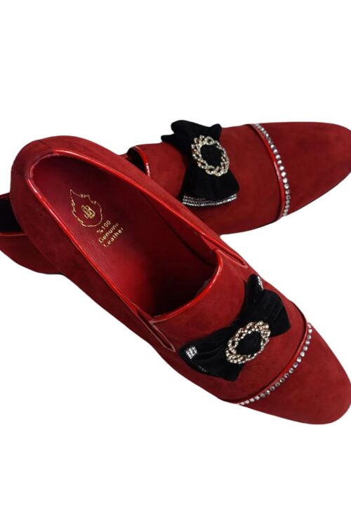 JB Designs Leather Suede Shoe with Black Bow and Gold Ring