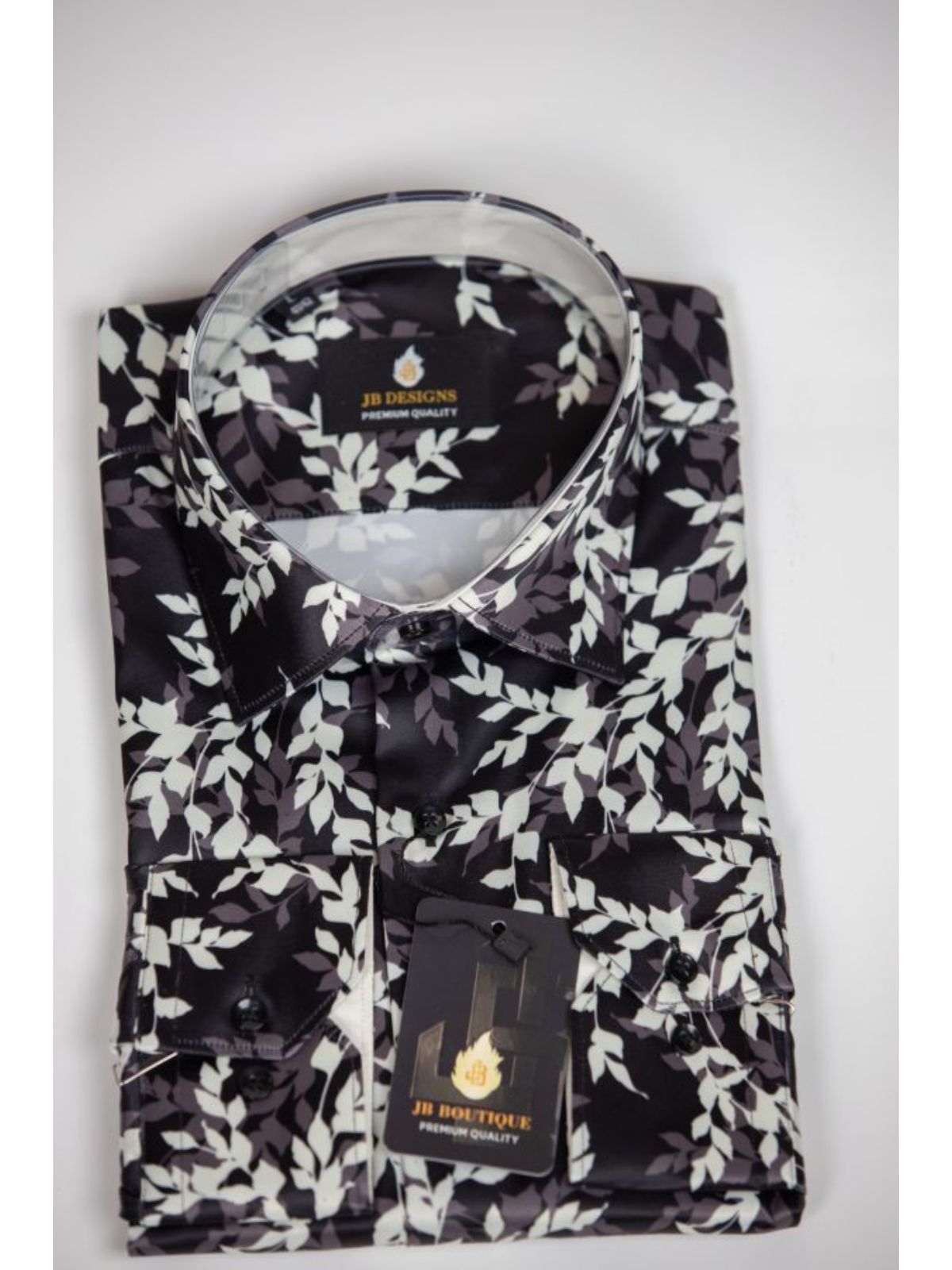 JB Designs White Acacia Leaf Patterned Silk Shirt - Image 4