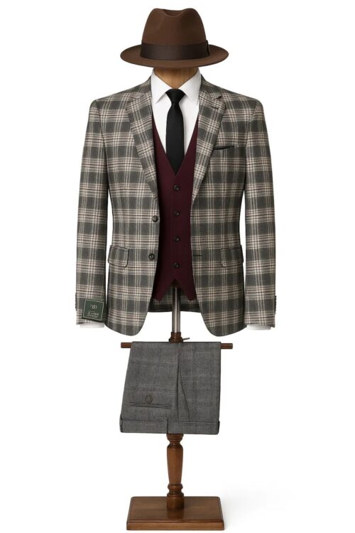 JB Grey White Plaid 3pc Suit Sets