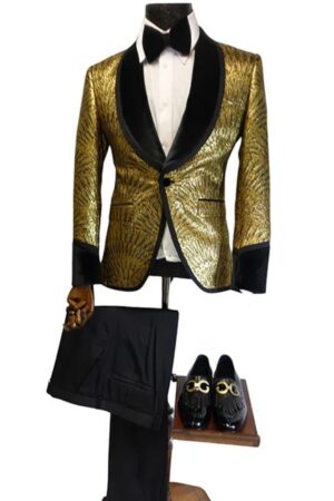 QUESSTE Men’s Golden 2 Piece Slim Fit, Single Breasted Suit
