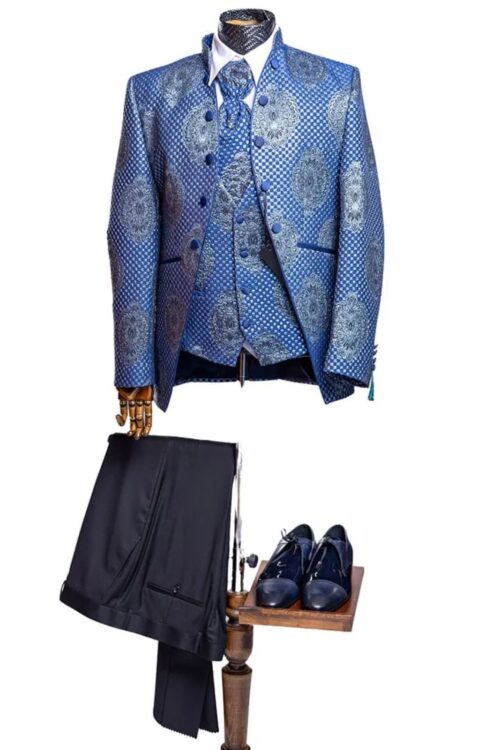 JB Quesste Men’s 3pc Floral Blue Jodhpuri Suit Set