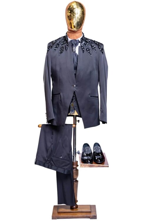 Rabin 3pcs Long Black Suit Set with Leafy Designs