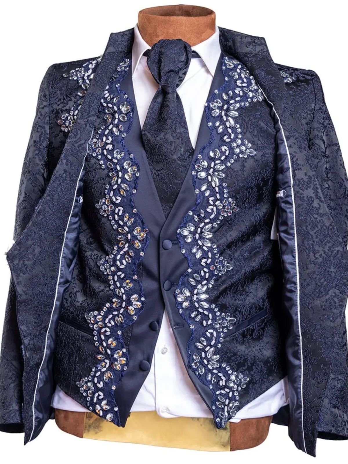 Rabin Men’s 3Pc Navy Blue Jodhpuri Suit With Faux Pearls - Image 2