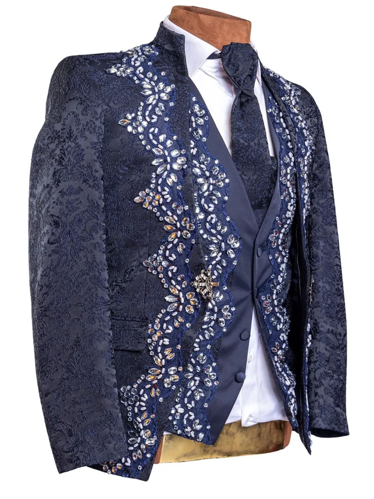 Rabin Men’s 3Pc Navy Blue Jodhpuri Suit With Faux Pearls - Image 3