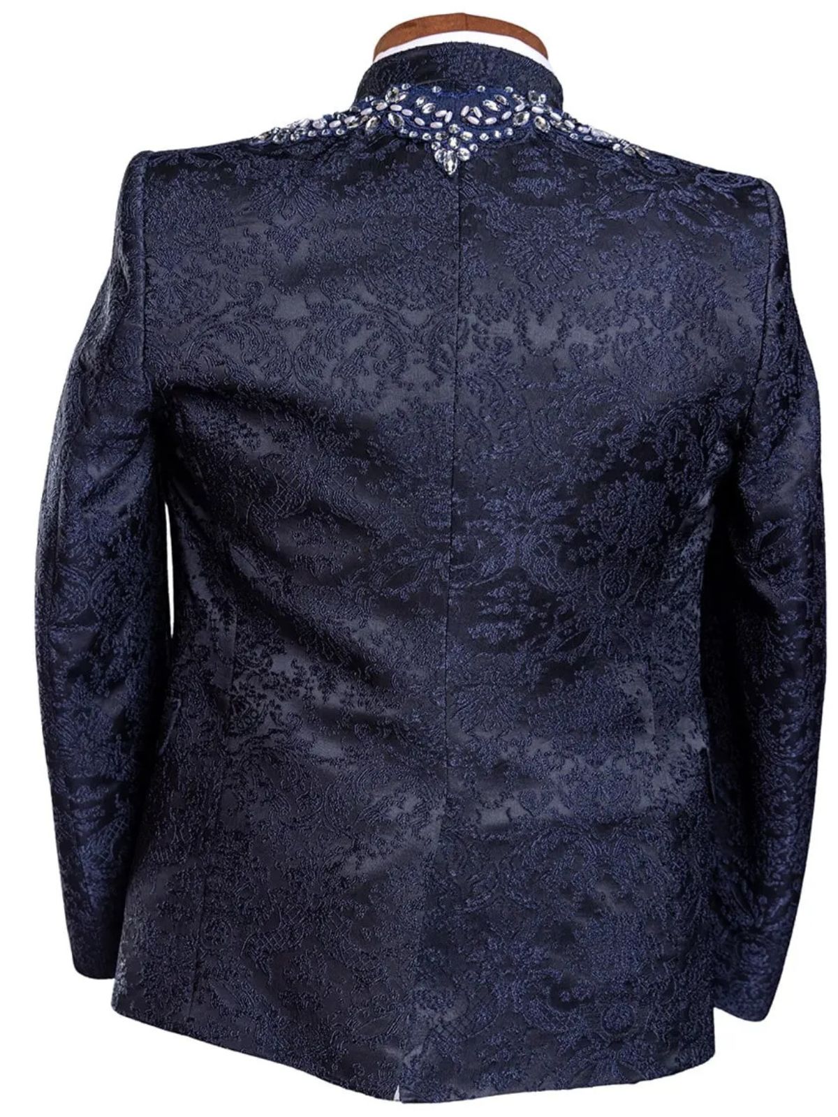 Rabin Men’s 3Pc Navy Blue Jodhpuri Suit With Faux Pearls - Image 4