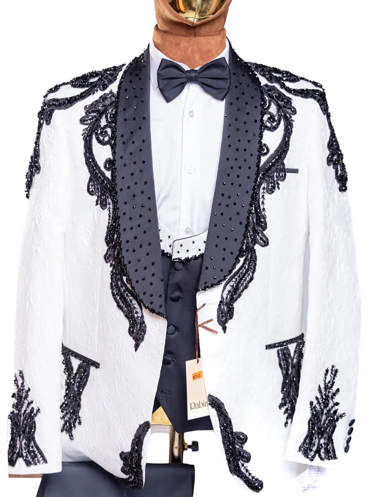Rabin Men’s 3pc Ivory White Beads Embellished Wedding Suit Set - Image 2