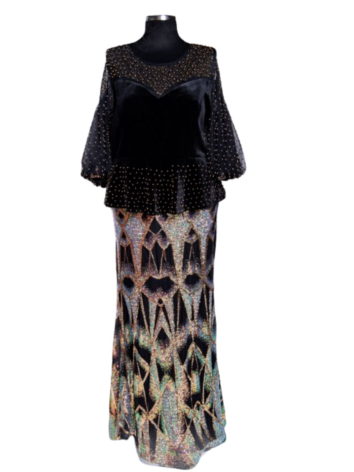 Sequin Floor Length with Peplum and Puffy Long Sleeves Party Dress