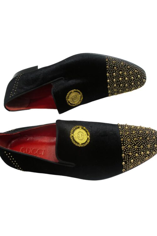 Stylish Black Suede Leather Shoe with Gold Accessories